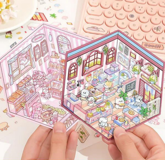 Dessert Shop DIY Sticker Scene, 4 Isometric Rooms Theme Sticker Decals, Convenience Store, Bookstore, Bakery Shop