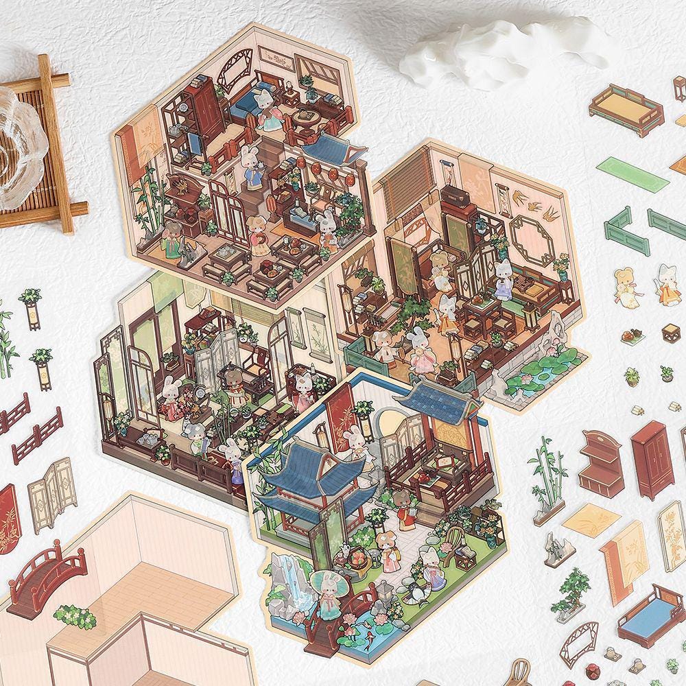 Stickers, Deco Stickers, sticker sheet, cute stationery, sticker pack, isometric stickers, sticker set, isometric room, kawaii aesthetic, relaxing, character, sticker scene, busy book