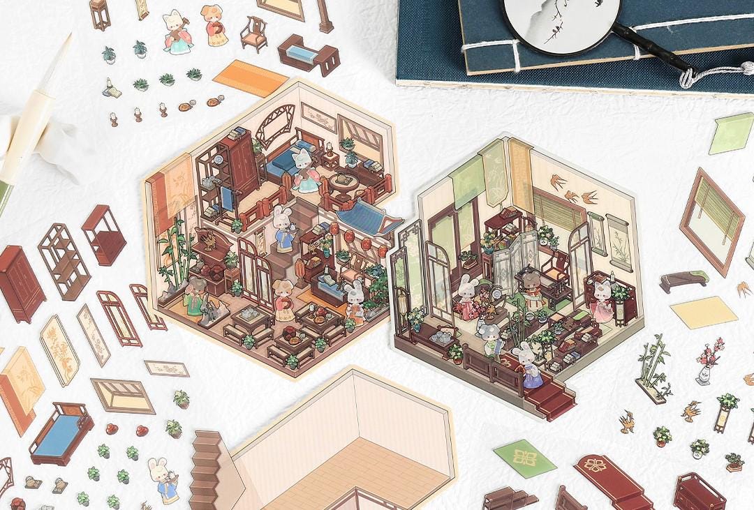 Stickers, Deco Stickers, sticker sheet, cute stationery, sticker pack, isometric stickers, sticker set, isometric room, kawaii aesthetic, relaxing, character, sticker scene, busy book